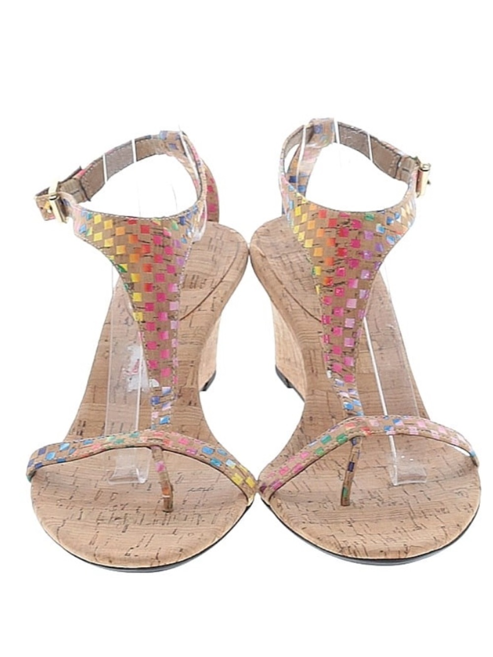 Vaneli Multicolor T‑Strap Cork Wedge Sandals